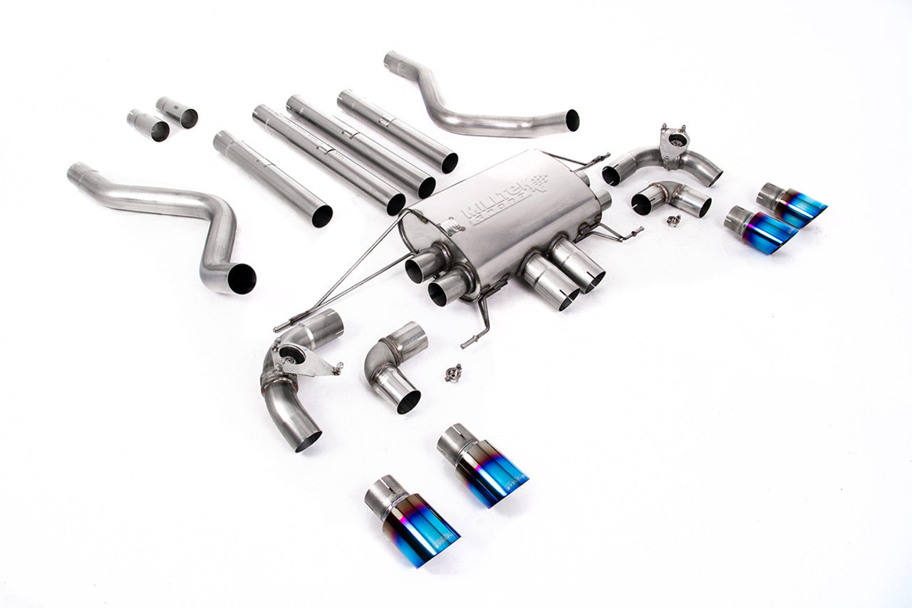 SSXLR128-689 Defender 110 V8 2021+ Milltek Performance Exhaust - Particulate Filter-back - OPF/GPF Back Non-Resonated Valved System (Louder) with Quad GT-90 Burnt/Blue Titanium Trims