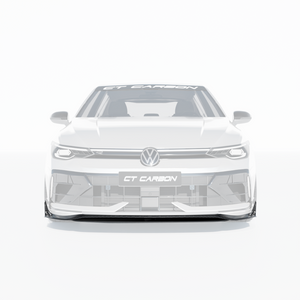 Digital rendering of a CT Carbon fiber front splitter and bumper extensions designed for the VW Golf MK8 R, shown against a white background.